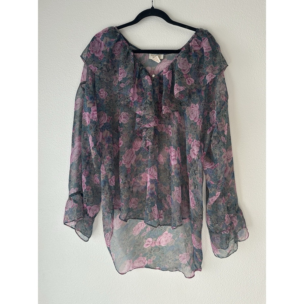 VTG Victoria's Secret Gold Label Sheer Ruffle Floral Collar Blouse Petite Small